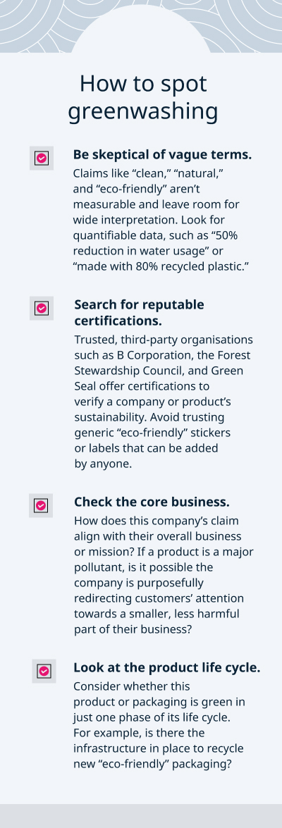 Checklist on how to detect greenwashing: focuses on vague language, trusted certifications, business practices, and life cycle analysis.